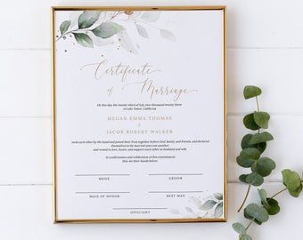 Printable Wedding Certificate Template – Greenery Marriage Certificate | Botanical Wedding Keepsake, Editable Digital Download #N03