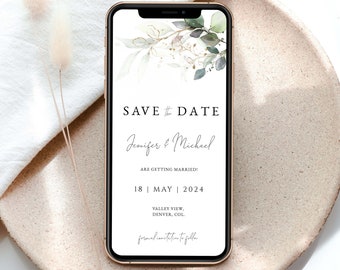 Invito elettronico Save The Date, modello di telefono Save The Date in eucalipto, testo Save The Date per matrimonio nel verde, DOWNLOAD DIGITALE #N05 KATE