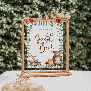 Letrero para libro de visitas con temática de bosque para baby shower, plantilla para letrero para libro de visitas con temática de animales del bosque, tema de decoración de bosque, DESCARGA INSTANTÁNEA #LC40