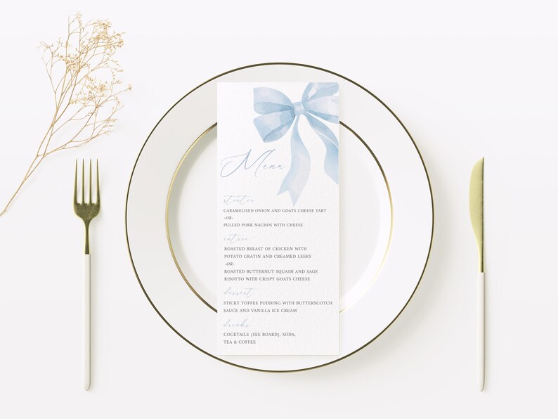 Menu First Course Layout Blue Bow Baby Shower Menu Template – Editable Boy Shower Decor #LC43 - Etsy