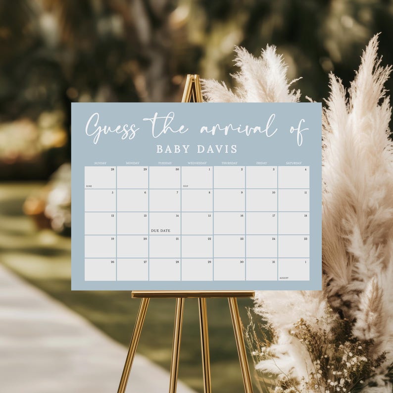 Baby Shower Due Date Calendar Sign, Light Blue Boy Editable Printable #LC08 image 1