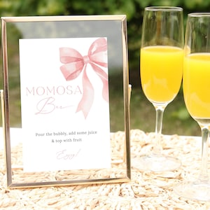 Pink Bow Mimosa Bar Sign, Pink Bow Momosa Bar Template, Editable Mumosa Bar Sign, Mimosa Juice Label Tags, Blue Bow Baby Shower Decor #LC42
