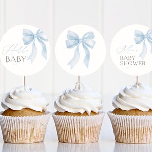 Décorations de cupcake avec noeud bleu, décoration de petit gâteau pour shower de bébé garçon, décoration de cupcake imprimable, décoration de douche bébé rose, modèle modifiable instantanément #LC43
