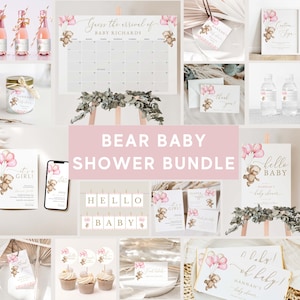 Baby Shower Bundle | Pink Bear Baby Shower | Baby Shower Invite Set Printable Templates | Instant Download #LC10