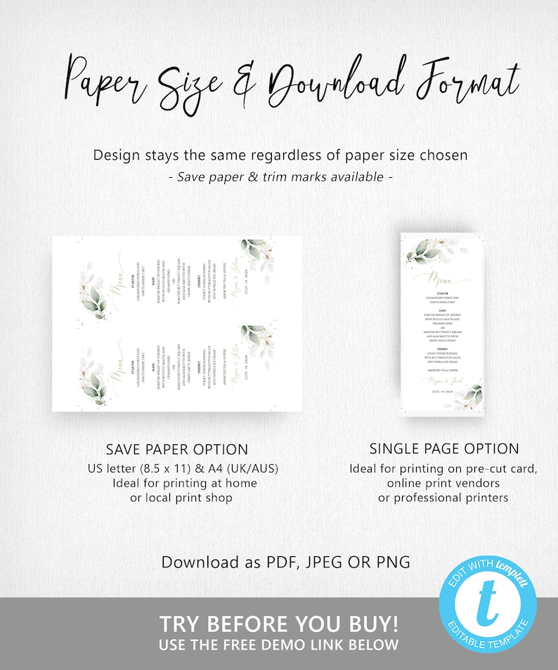 Greenery Eucalyptus Wedding Menu Printable Template N03 ROSE image 5