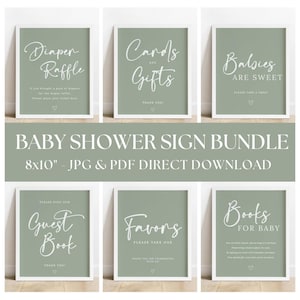 Ensemble d'enseignes de table de baby shower vert sauge | Baby Shower sans distinction de sexe | Livre d'or, cartes et cadeaux, plaque de faveur | Téléchargement instantané #LC11