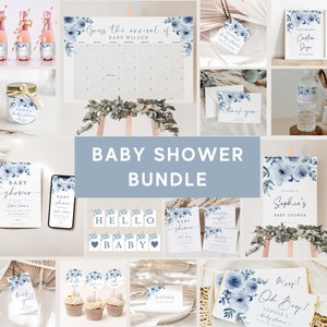 Boho Baby Shower Invitation Bundle, Printable Baby Shower Invitation & Games Bundle, Floral Blue Baby Shower Decorations #LC16