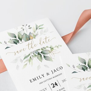 May include: Save the date card with a watercolor floral design in shades of green and gold. The text "Save the Date" is written in gold script. The card also includes the names "Emily & Jaco" and the date "July 24, 2027".