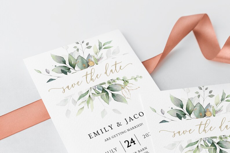 May include: Save the date card with a watercolor floral design in shades of green and gold. The text "Save the Date" is written in gold script. The card also includes the names "Emily & Jaco" and the date "July 24, 2027".
