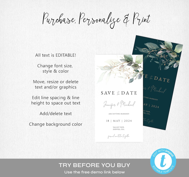 Electronic Save The Date Invite, Eucalyptus Save The Date Phone Template, Greenery Wedding Save The Date Text, DIGITAL DOWNLOAD N05 KATE imagem 4