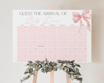 Pink Bow Baby Shower Due Date Calendar Sign, Baby Arrival Sign, Bow Due Date Sign Template, Editable Sign Template, INSTANT DOWNLOAD #LC42