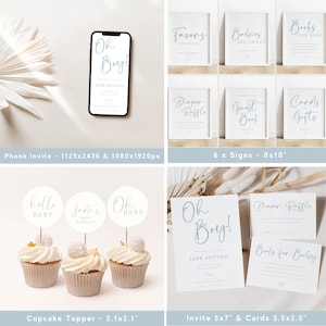 May include: A set of printable baby shower decorations in blue and white. The set includes a phone invitation, six signs, cupcake toppers, a larger invitation, and two cards. The text on the invitations and signs reads "Oh Boy!" and "Diaper Raffle".