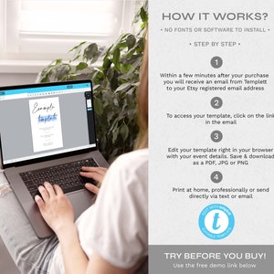 May include: A laptop computer with a screen showing an example template for a digital invitation. The text on the screen reads "Example Template". The laptop is sitting on a person's lap. The image also includes text that explains how to use the template, which is a digital product that can be edited and downloaded.