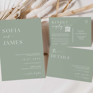 Minimalist Wedding Invitation Template Set | Modern Green Wedding Invite Suite | Editable Wedding Template | RSVP with QR CODE #N20