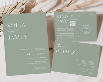 Minimalist Wedding Invitation Template Set | Modern Green Wedding Invite Suite | Editable Wedding Template | RSVP with QR CODE #N20