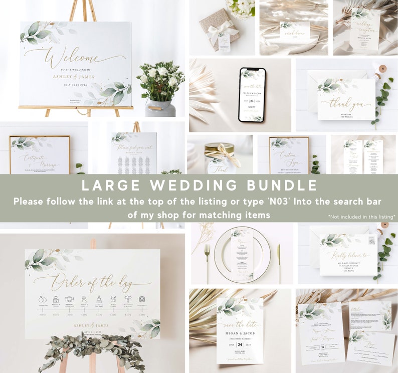 K&ouml;nnte beinhalten: Ein gro&szlig;es Hochzeitspaket mit gr&uuml;nem und goldenem Thema. Das Paket beinhaltet ein Willkommens-Schild, ein Schild mit der Tagesordnung, einen Sitzplan, ein Dankesschild, Save-the-Date-Karten und mehr. Die Schilder zeigen Aquarell-Gr&uuml;npflanzen und goldene Kalligraphie.