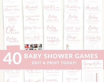 Dusty Pink Baby Shower Games Bundle – 40 Printable Games for Girl Baby Showers #LC24