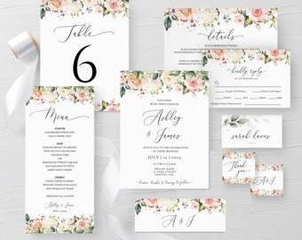 Floral Boho Wedding Bundle Template Set, Printable Wedding Invitation Bundle, DIGITAL DOWNLOAD #I13