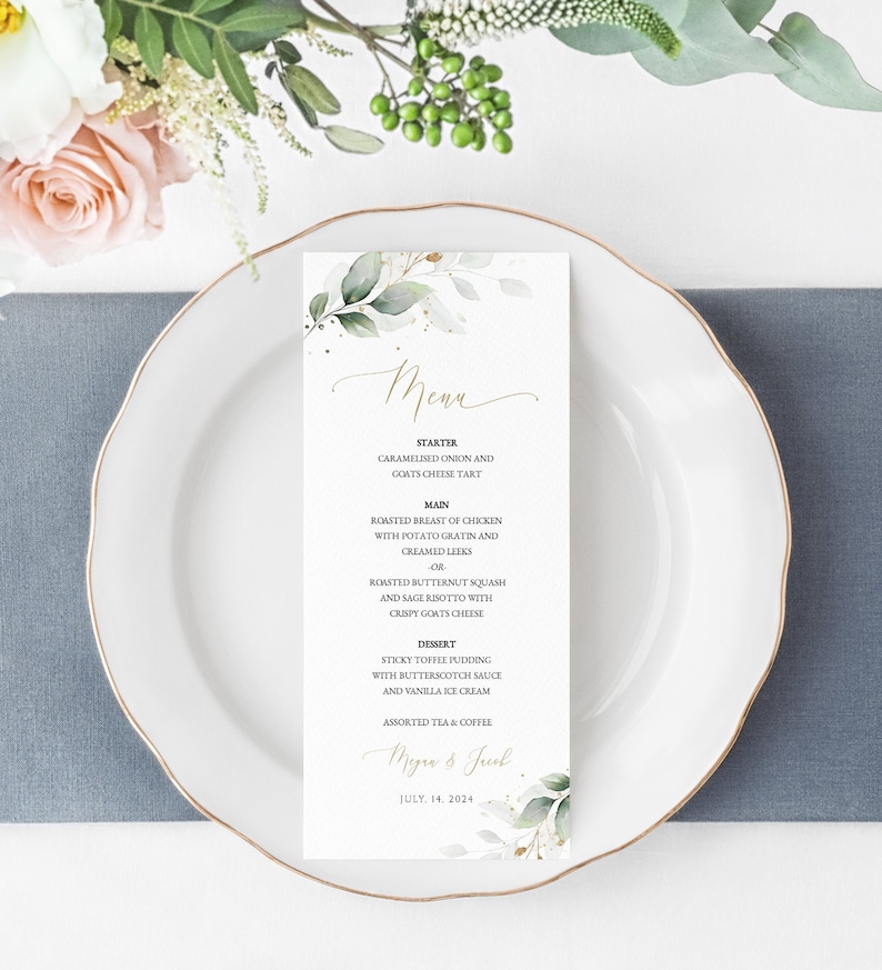 Greenery Eucalyptus Wedding Menu Printable Template N03 ROSE image 1