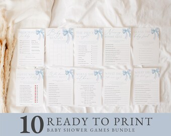 May include: A set of ten ready-to-print baby shower games, each with a light blue bow design. Games include "Predictions for Baby," "Baby Bingo," and "Guess the Baby Food." The bundle is displayed on a white surface.
