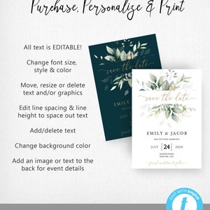 May include: Editable template for a save the date card with a watercolor floral design in shades of green and gold. The text reads "Save the Date" with the names Emily & Jacob and the date July 24, 2024. The card is customizable with different fonts, colors, and graphics.