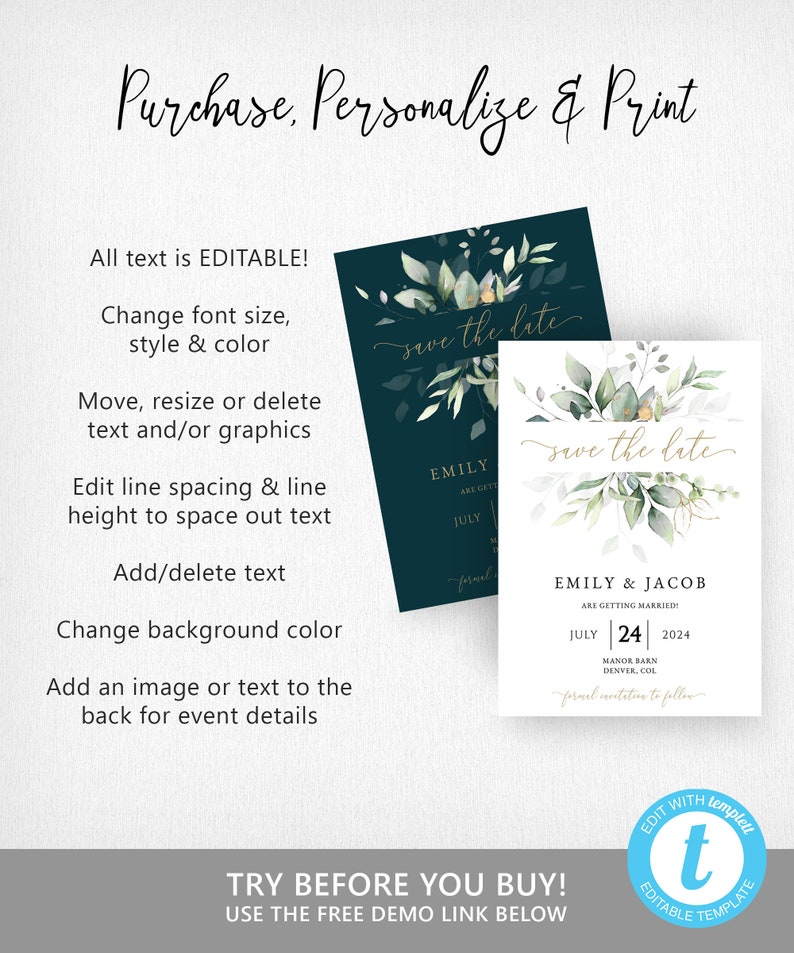 May include: Editable template for a save the date card with a watercolor floral design in shades of green and gold. The text reads "Save the Date" with the names Emily & Jacob and the date July 24, 2024. The card is customizable with different fonts, colors, and graphics.