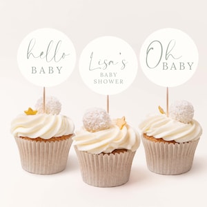 Sage Green Editable Cupcake Toppers | Gender Neutral Editable Cupcake Topper Tags | Light Green Baby Shower Printable Toppers #LC25