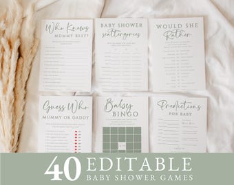 Könnte beinhalten: Ein Satz druckbarer Babyparty-Spiele mit minimalistischem Design. Die Spiele beinhalten "Wer kennt Mama am besten?", "Baby Shower Scattergories", "Würde sie lieber", "Errate wer Mama oder Papa", "Baby Bingo" und "Vorhersagen für Baby".
