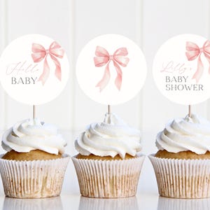 Décorations de cupcake avec noeud rose, décoration de petit gâteau pour shower de bébé fille, décoration de cupcake imprimable, décoration de shower de bébé rose, modèle modifiable instantané #LC42