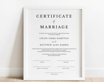 Plantilla de certificado de matrimonio imprimible minimalista moderno #M06 ADELE