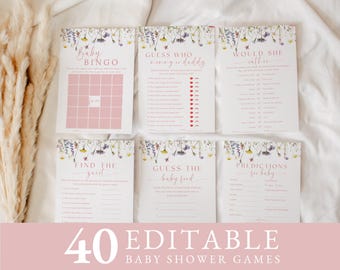 Wildflower Baby Shower Games Bundle | Editable & Printable Games | Floral Pink Baby Games | Instant Download #LC27