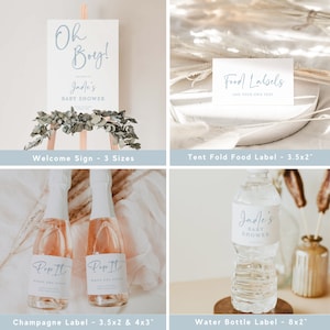 May include: A set of printable baby shower party labels in blue and white. The labels include a welcome sign, food labels, champagne labels, and water bottle labels. The labels feature the text "Oh Boy!" and "Jade's Baby Shower".
