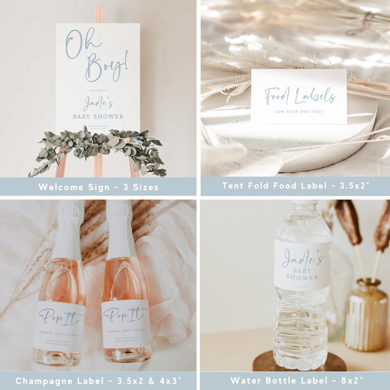 May include: A set of printable baby shower party labels in blue and white. The labels include a welcome sign, food labels, champagne labels, and water bottle labels. The labels feature the text "Oh Boy!" and "Jade's Baby Shower".