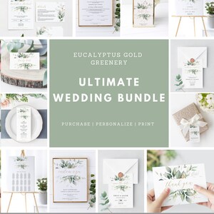 May include: A wedding stationery bundle with eucalyptus and gold accents. The bundle includes a welcome sign, save the date card, thank you card, seating chart, ceremony sign, and a certificate of marriage. The text on the welcome sign reads "Welcome". The text on the save the date card reads "Save the Date". The text on the thank you card reads "Thank You". The text on the ceremony sign reads "Custom Sign".