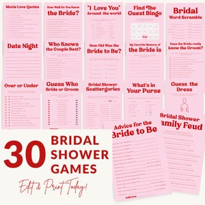 Pink and Red Bridal Shower Games Bundle, Editable & Printable Retro Bridal Party Games, Modern Hen Do Party Games, INSTANT DOWNLOAD #CJ7