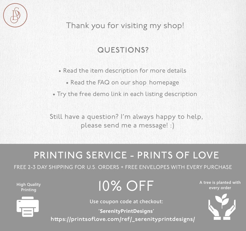 K&ouml;nnte beinhalten: Eine Grafik mit dem Text "Printing Service - Prints of Love" und dem Text "Free 2-3 Day Shipping for U.S. Orders + Free Envelopes with Every Purchase". Die Grafik enth&auml;lt auch den Text "10% Off" und den Text "Use coupon code at checkout: 'SerenityPrintDesigns'". Die Grafik enth&auml;lt auch einen Link zur Website "https://printsoflove.com/ref/_serenityprintdesigns/".