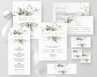 Greenery Wedding Bundle Template Set, Printable Boho Wedding Invitation Bundle, Eucalyptus Wedding Bundle, DIGITAL DOWNLOAD #N02