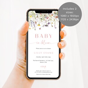 May include: A digital invitation for a baby shower with a floral design. The invitation reads "BABY in bloom" and includes the name "LILLY EVANS", the date "Saturday, April 26th | 2pm", the location "The Barrett Residence, 142 Oak Lane, Denver, COL", and RSVP information.