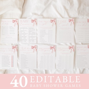 Pink Bow Baby Shower Games Bundle| Pink Bow Girl Baby Shower Game Cards | Editable & Printable Games Templates | INSTANT DOWNLOAD #LC42