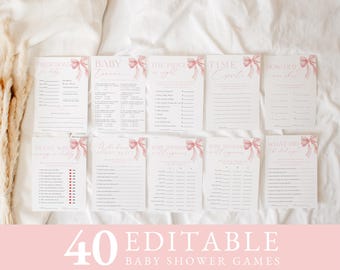 Pink Bow Baby Shower Games Bundle| Pink Bow Girl Baby Shower Game Cards | Editable & Printable Games Templates | INSTANT DOWNLOAD #LC42