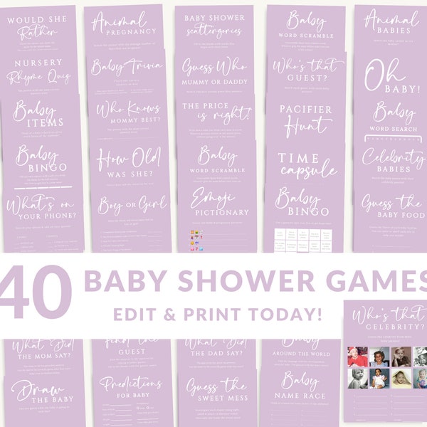 Lavender Lilac Baby Shower Games Bundle | Purple Minimalist Baby Shower Games | Editable & Printable Game Templates | Instant Download #LC18