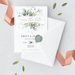 May include: Save the date card with watercolor greenery and gold lettering. The card says "Emily & Ja are getting married" and "July 24, 202" with the location "Manor Barn, Denver, CO".