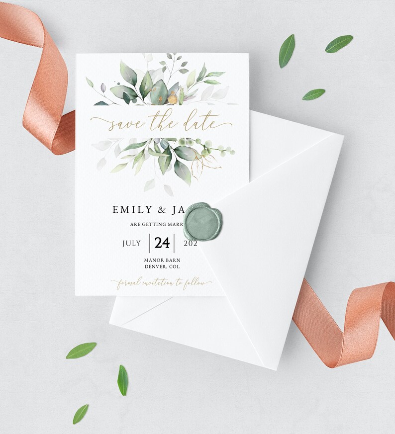 May include: Save the date card with watercolor greenery and gold lettering. The card says "Emily & Ja are getting married" and "July 24, 202" with the location "Manor Barn, Denver, CO".