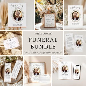 Könnte beinhalten: Eine Sammlung von Trauerpapeterie, darunter Einladungen, Programme und Dankeskarten. Die Designs zeigen ein Porträt einer Frau, umgeben von einem Blumenkranz, mit dem Text "Celebrating the Life of" und "Anne Davies". Das Thema ist ein Wildblumen-Trauerpaket.