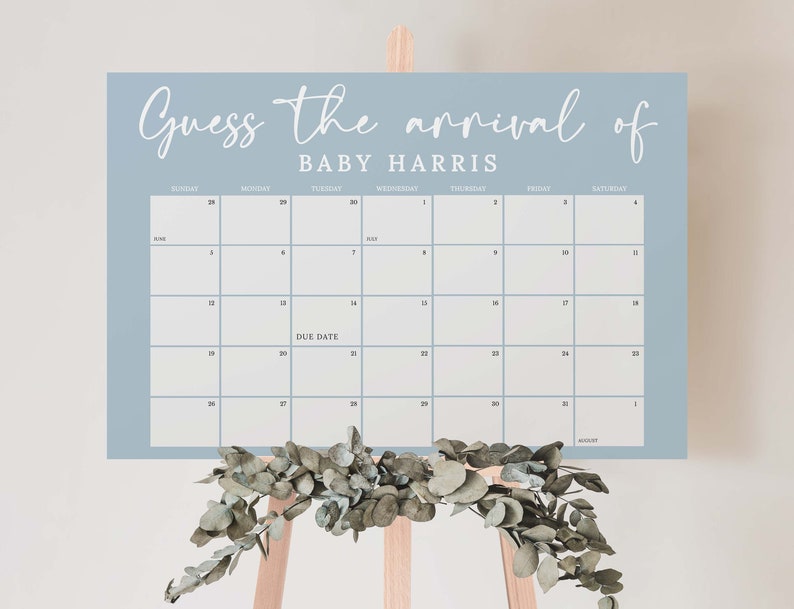 May include: A light blue printable baby shower game card with the text "Guess the arrival of Baby Harris" and a calendar grid with the due date marked.