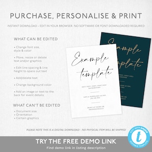 May include: Editable template for a wedding invitation or announcement. The template is white with black text and a gold line. The text says "Example Template" and includes instructions for editing and printing the template. The template is shown next to a dark green sample template with gold text that says "Sample Template".
