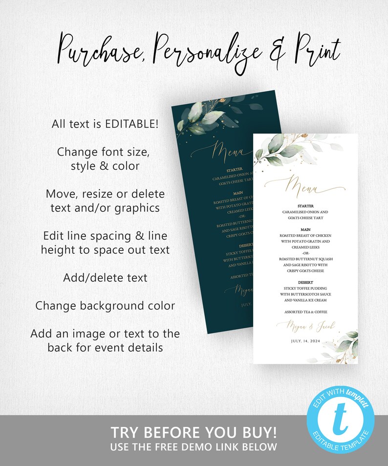 Greenery Eucalyptus Wedding Menu Printable Template N03 ROSE image 3