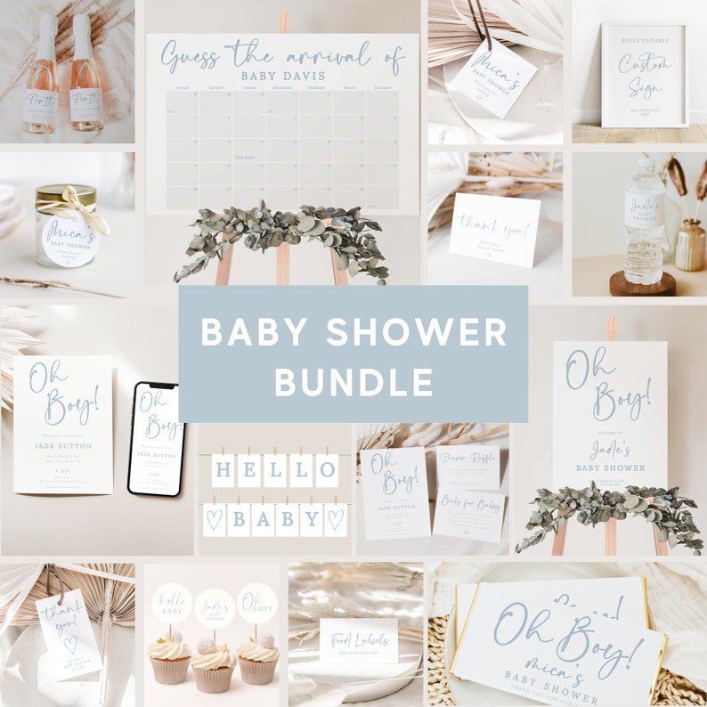 May include: A baby shower bundle with a blue and white color scheme. The bundle includes invitations, signs, decorations, and food labels. The text on the signs says "Oh Boy!" and "Baby Shower".