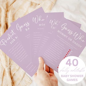 Purple Baby Shower Games Bundle | Lilac Minimalist Baby Shower Games | Editable & Printable Game Templates | Instant Download #LC18