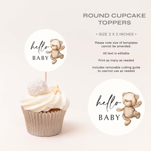Editable Cupcake Toppers Template | Gender Neutral Bear Theme Baby ...